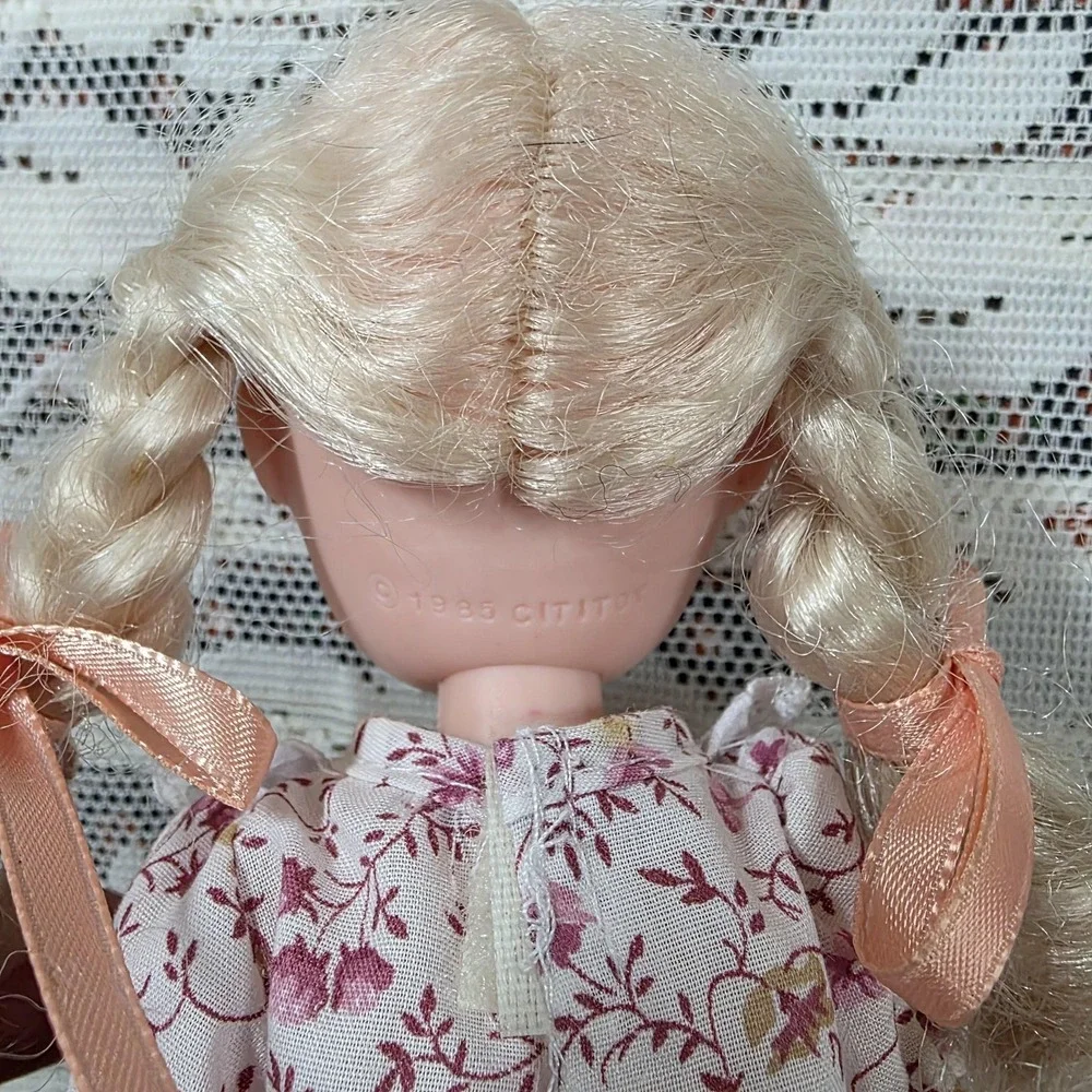 Vintage 1985 Cititoy 8 In Play Doll Blonde Braids Blue Eyes Pink Floral Dress
